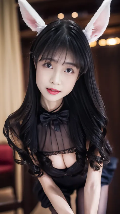 A beautiful girl with rabbit ears，wearing jk，big eyes，double eyelids，Sexy and enchanting body，Big breasts