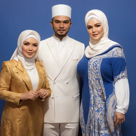 (Masterpiece, best quality), A man in traditional Indonesian attire, Laki laki, wearing white and red dutch colonial outfits, stands next to a woman in blue Muslim attire, wanita, both posing against a plain background. The mans pakaian dinas features intr...