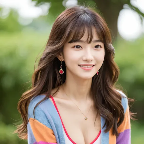 highest quality,8k, detailed facial depiction, Detailed description of the eyes, brown hair(long wavy hair),beautiful korean girl, 21 years old, take off underwear, bare chest, Because I&#39;m slender, medium chest size, sit with legs apart, smile, Colorfu...