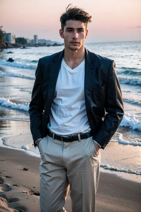 realistic photography, handsome man ,beach