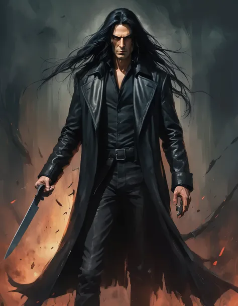 Hantred Tall, intimidating piscopathic man, with long black hair, dark energy, wearing a black leather overcoat, armed with a knife