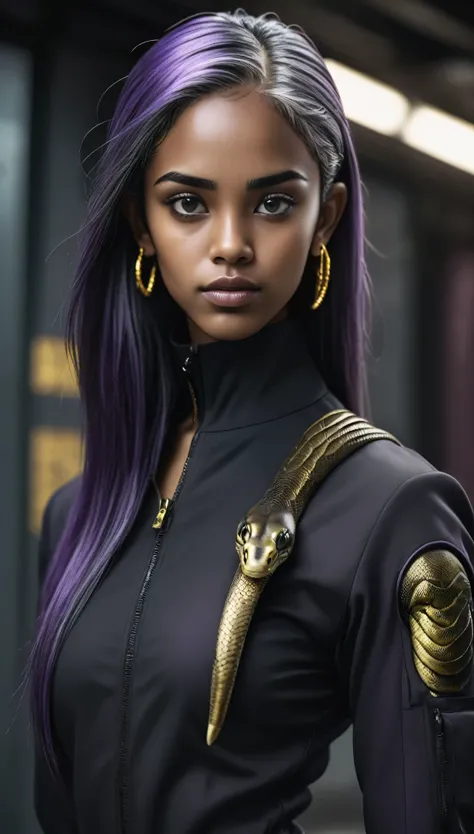 girl with a strand of straight gray hair., dark skin, latin origin, purple irises, in a black tactical suit with gold threads an...