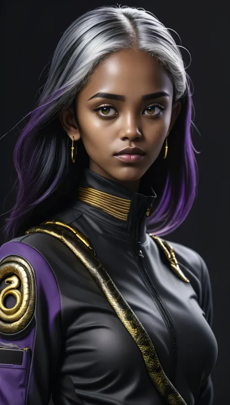 girl with a strand of straight gray hair., dark skin, latin origin, purple irises, in a black tactical suit with gold threads an...