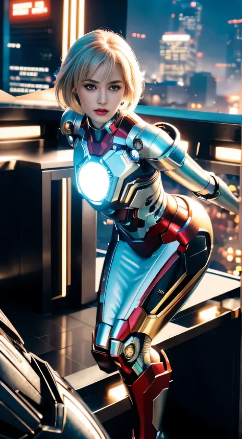 RAW, masterpiece, ultra thin photo, best quality, ultra high resolution, photorealistic, sunlight, full body portrait, incredibly beautiful, dynamic poses, delicate face, vibrant eyes, (side view), she is using a futuristic Iron Man engine, red and gold co...