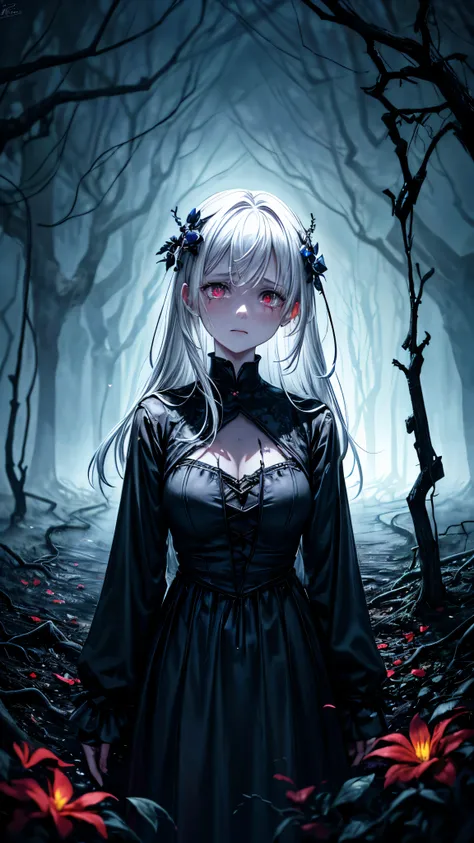 (best quality,high resolution,super detailed,lifelike:1.2),dark abyss background，Underworld,sinister,Girl in rags，crying emoticon，burst into tears，white hair，face close-up,extremely pale skin,lifeless skin,Holding bright red flowers in hand,apocalyptic,Med...