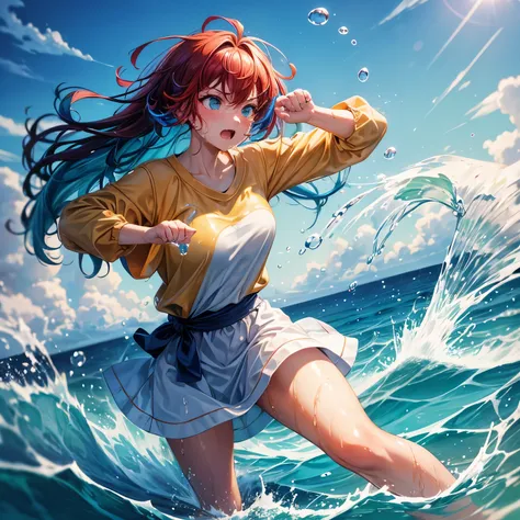 masterpiece, best quality, (dynamic poses:0.5), Ridiculous, 1 girl,  fighting stance, punch water, (water attack:1.5) wet clothes, wet hair, wet face, There is water behind the person, multicolored hair, (wind:1.4)