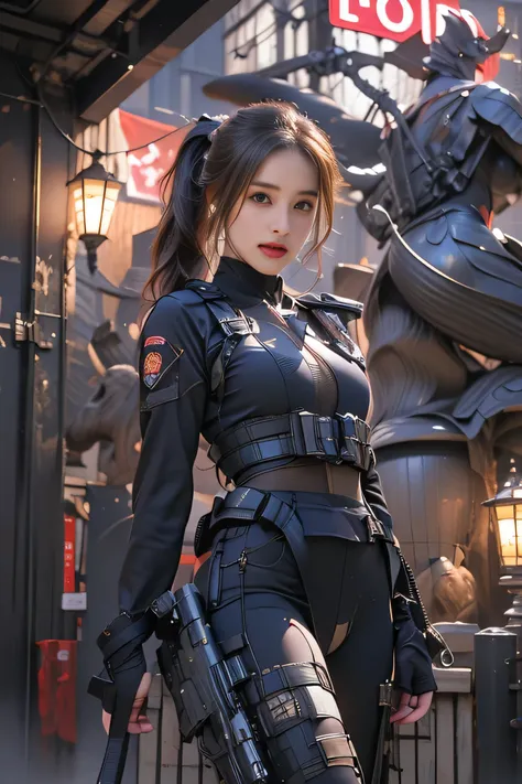 brunette colored hair,(ponytail),White-eye,Full body Esbian,Japan beauties,korean idol,45 years old,(),flat chest,highest quality,masterpiece,8k,cowboy shot,1 female, elegant beauty, glowing skin, detailed expression, (Dynamic style:0.8),heavy weapon girl ...