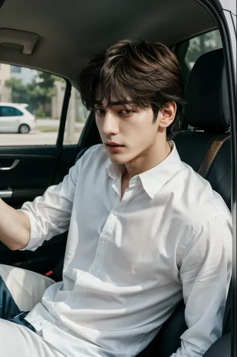 a close up of a person sitting in a car with a white shirt, jungkook, hyung tae, very attractive and beautiful, taehyung eating ...