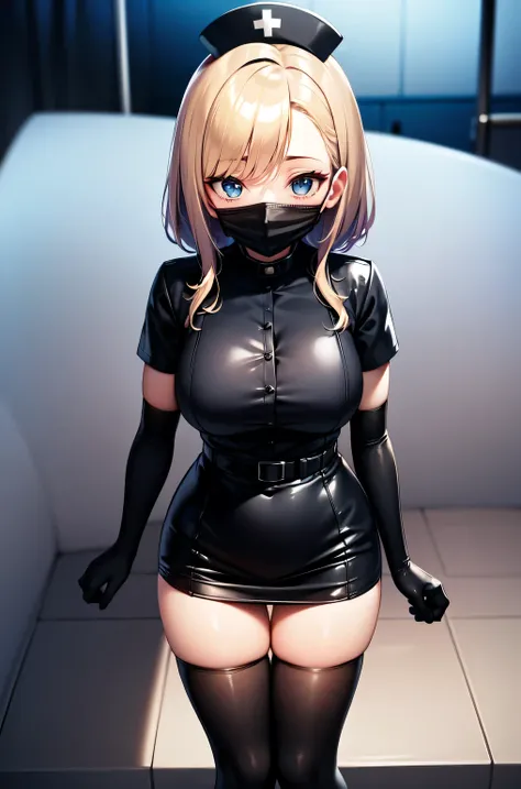 black nurse, 1woman, solo, black nurse cap, black nurse uniform, ((black legwear, zettai ryouiki)), black elbow gloves, blonde hair, blue eyes, ((black surgical mask, covered nose)), standing, ((surgery room)), sharp outline, short sleeves, mature female, ...