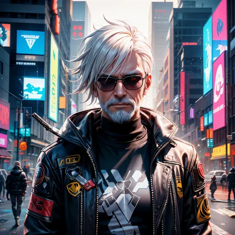 Raw 16k ultra high definition vibrant color masterpiece, 1.12), Describing the emotions captured in a close-up of a white-haired man&#39;s face, Perfect hair and glasses, With a neat white beard, Wearing《Cyberpunk 2077》gaming inspired jacket. The setting r...