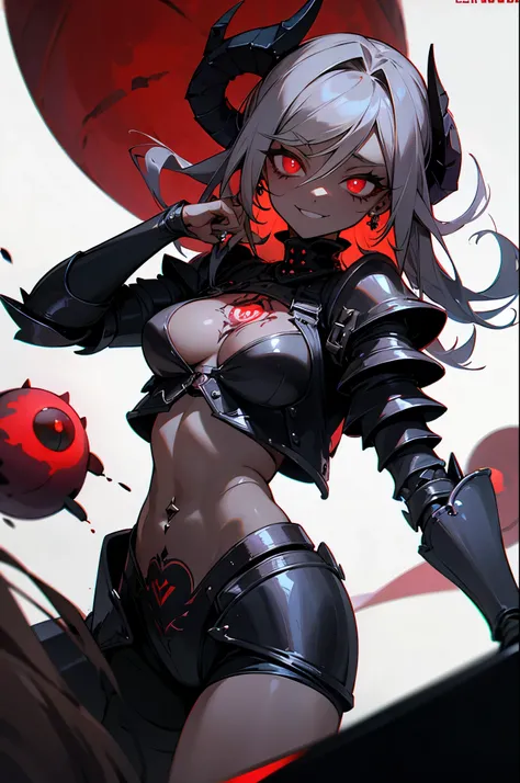 (queen power armor), (()) , (gothic style), dark skin , bellybutton, The most beautiful and sexy demon goddess, long ashy hair, glowing red eyes, wearing detailed black gothic battle armor, (tattoos and piercings), gothic castle, perfect masterpiece, high ...