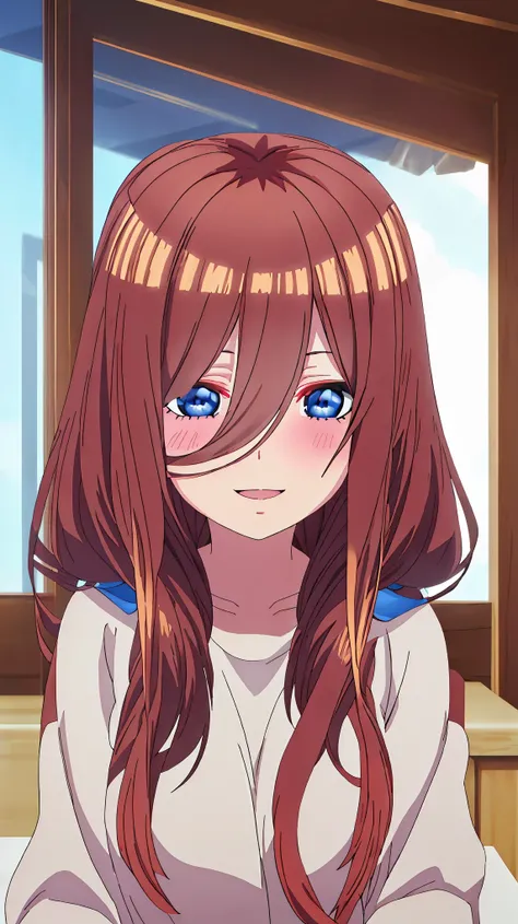 best quality, masterpiece, highres, solo, {nakano_miku_gotoubunnohanayome:1.15}, long_hair, brown_hair, bangs, hair_between_eyes, blue_eyes, , , blush, closed_mouth, shiny_hair, 1girl, blurry, blurry, smile , open mouth,