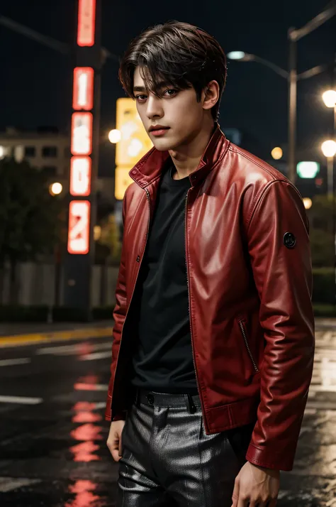 Kim Taehyung, exuding confidence, clad in a striking red leather jacket that gleams under the rain-soaked sky. The jacket is paired with sleek black leather pants, which perfectly complement the boldness of the jackets hue. His glossy hair, reflecting the ...