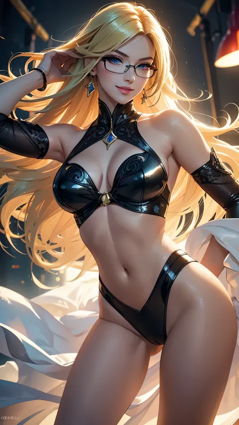 (best quality,ultra-detailed,photo-realistic:1.37),bright and vibrant colors,studio lighting,playful expression,stylish makeup,long blonde hair flowing in the wind,alluring eyes,glossy lips,sexy pose, Bayonetta, shooting range, smiling in a confident and s...