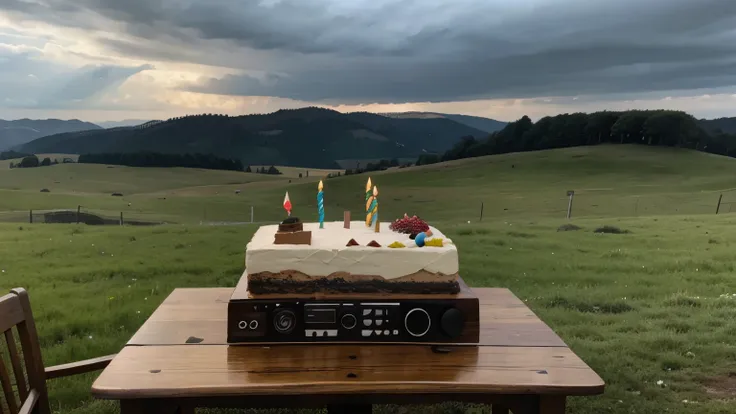 fancy birthday cake on long table with boombox on top of cake, overcast cloudy day, meadow in background