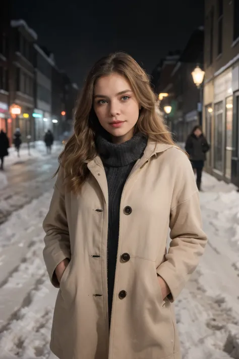 professional portrait photograph of a gorgeous Norwegian girl in winter clothing with long wavy blonde hair, sultry flirty look, gorgeous symmetrical face, cute natural makeup, wearing elegant warm winter fashion clothing, ((standing outside in snowy city ...