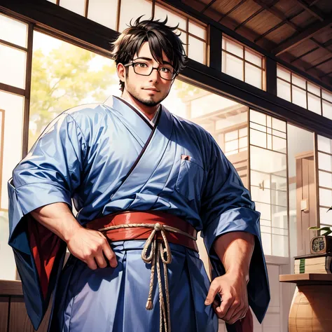 male,Chubby,glasses,Japanese clothing,short hair,An illustration