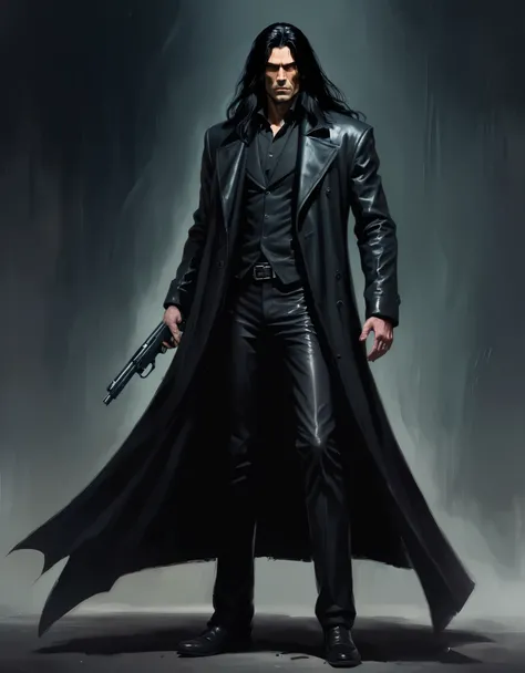 Hantred Tall, intimidating piscopath man, with long black hair, dark energy, with black leather overcoat, armed