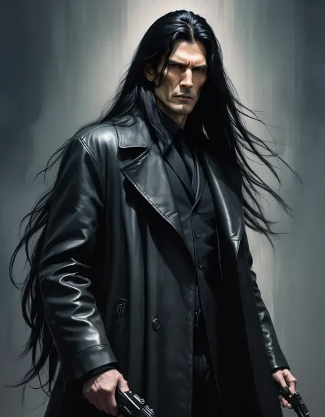 hantred Intimidating tall man with long black hair, dark energy, with black leather overcoat, armed