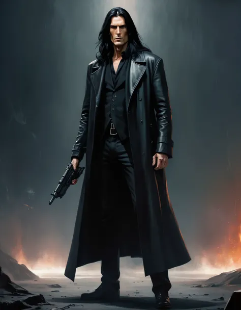 hantred Intimidating tall man with long black hair, dark energy, with black leather overcoat, armed