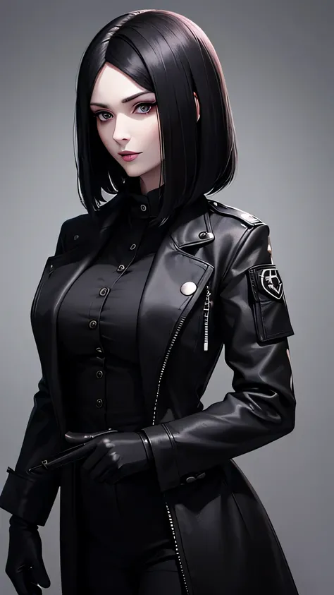 Woman, 48 years old, with a long tousled black haircut, high growth, adult face, pale skin, Strong make-up, dark shadows, smoky, Black eyes, black camouflage, Black jacket, берцы, medic, black gloves, simple background