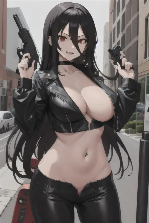 hasumi ba,  long hair, choker, solo, black hair,  large breasts,1girl,  black choker,  hair between eyes,  red eyes, parted lips, masterpiece, best quality, highly detailed, a girls with a gun, evil smile , open mouth, sexy gaze, badass
pose , evil smile, ...