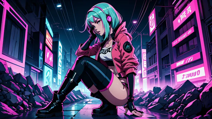 garota de anime, corpo inteiro, blusa ciberpunk, jaqueta de couro, Botas Martem, Fones de ouvido em volta cabelo, Capa do álbum Anime Phonk Brain Sick, musica, ondas sonoras, com cores vermelho e preto neon