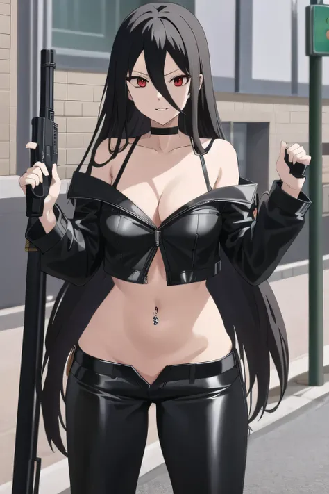 hasumi ba,  long hair, choker, solo, black hair,  large breasts,1girl,  black choker,  hair between eyes,  red eyes, parted lips, masterpiece, best quality, highly detailed, a girls with a gun, evil smile , open mouth, sexy gaze, badass
pose , evil smile, ...