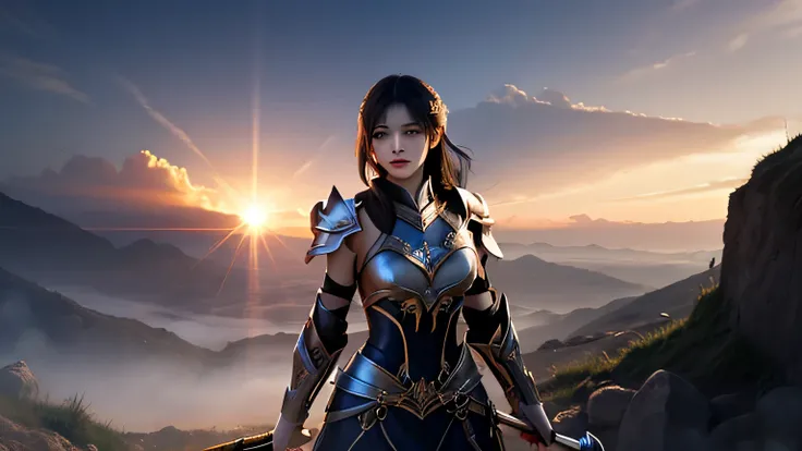 She exudes strength and determination in her posture and expression. She is equipped with battle-worn armor and carries a formidable weapon, perhaps a sword or a spear. Her eyes reflect her experience and resilience, hinting at the countless battles she ha...