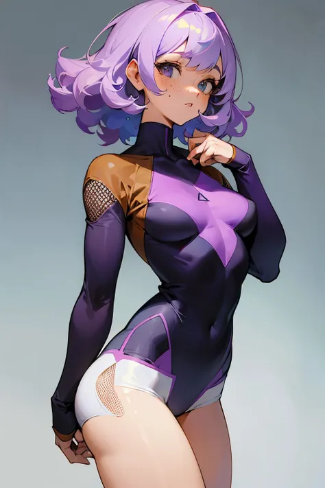 Girl, Short curly light purple hair, Freckles, Septal perforation, Medium breast, He wears a long-sleeved T-shirt and spandex shorts, Heterochromatic blue and brown eyes