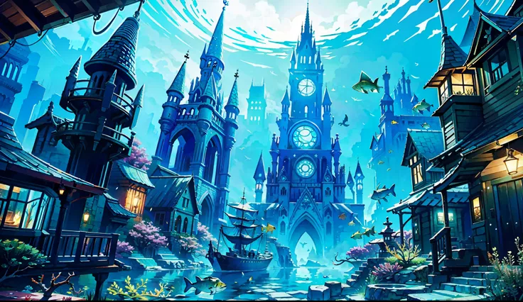 underwater magical city, lots of fish, 4K digital art, fantasy, highly detailed images