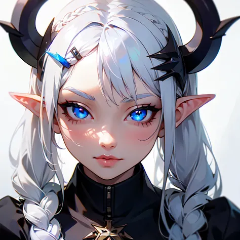 1 girl, white hair, pointed ears, blue eyes, lifter, alone, hair ornament, hair clip, long hair, lifter, braid, looking at viewer, lips, face closeup, demon girl