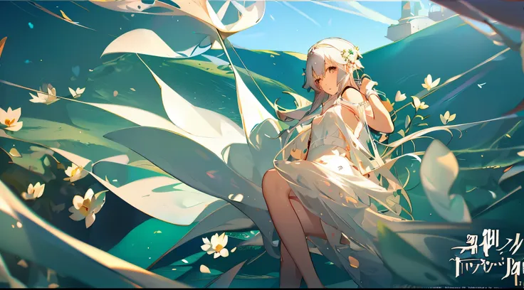 anime girl in a white dress floating in a pond of water, 