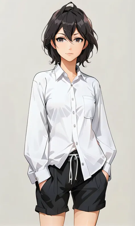 a drawing of a woman in a white shirt and black shorts, anime style character, clean detailed anime style, style anime, in an an...