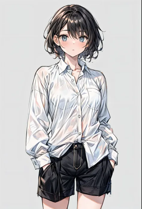 a drawing of a woman in a white shirt and black shorts