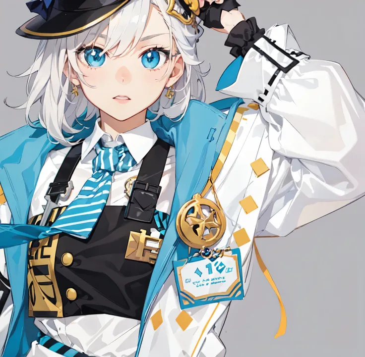 anime character with a hat and a sword and a blue jacket, key anime art, pixiv contest winner, 2 d anime style, delicate androgynous prince, live2d virtual youtuber model, detailed fanart, pixiv style, detailed key anime art, anime boy, official character ...