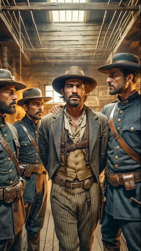 arafed image of a group of men in uniforms standing in a room, old west, an epic western, [ western film ], western film, still from a live action movie, movie promotional image, slide show, western, edited, official, 4 k wild west, oldwest, scene from liv...