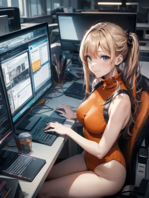 highest quality、All limbs、full finger、orange hair woman、wavy hair woman、Slender beauty、1 female、hacker、(((A woman wearing an orange high neck leotard:1.3))), bare hands、barefoot、big smile、office、officeデスク、officeチェアに座っている女性、A woman is operating a computer、T...