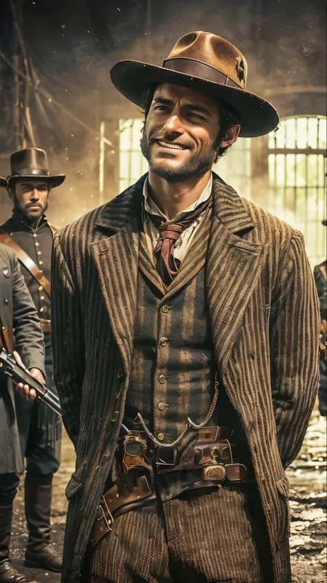 arafed image of a man in a hat and a suit with a gun, steampunk clothes, [ western film ], old west, dressed as a western sheriff, inspired by Alexander Sharpe Ross, an epic western, style jean giraud, very handsome, style of a clint eastwood movie, still ...