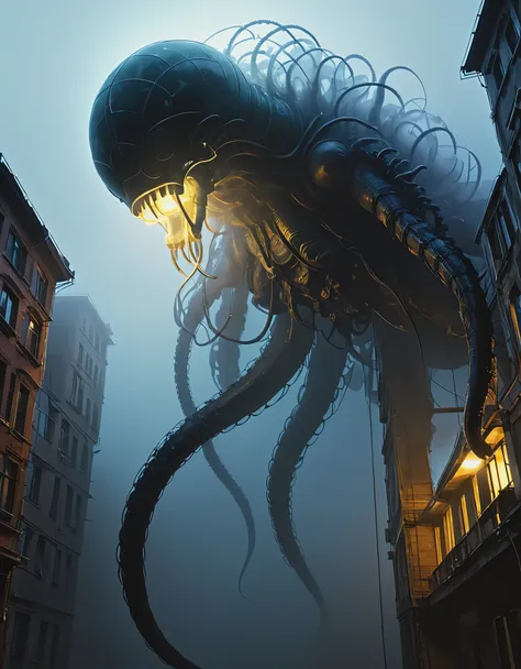 looking up, (giant transparent mutated creature), this creature has short legs, a lot of dark mist, thick fog, night sky, bioche...