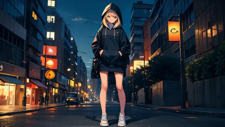 (masterpiece), best quality, expressive eyes, perfect face,  full length, horizontal illustration of a girl wearing a hoodie and sneakers standing on a city sidewalk at night,