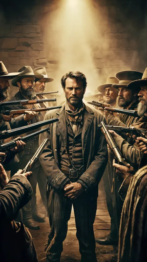 a poster of a man standing in front of a bunch of men, western film, [ western film ], an epic western, old west, oldwest, movie promotional image, western, 4 k wild west, django, gunslingers, style of a clint eastwood movie, actor, inspired by John Brown,...