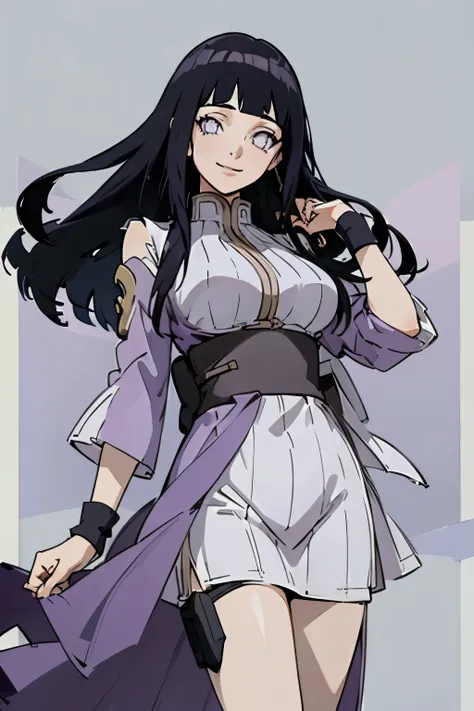 (((masterpiece))), hinatahyuga, 1girl, solo, long hair, looking at viewer, smile, large breasts, black hair, purple eyes, blunt ...