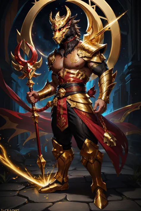 solo, male, humanoid, (detailed cloth, stars, muscular body), (brown fur, majestic print), (black body), white mask, (gold helmet), glowing eyes, Dragon mask, detailed teeth, detailed face, detailed fluffy fur, detailed face, detailed eyes, gold accessorie...