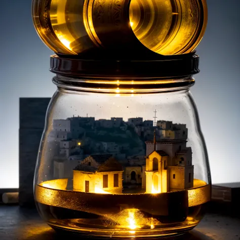 (An intricate minitown Matera landscape trapped in a jar with cap), atmospheric oliva lighting, on a white desk, 4k UHD, light vibes, hyper detailed, vibrant colours clear sky background, epic composition, octane render, sharp focus, high resolution isomet...