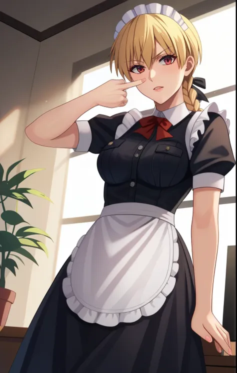 score_9, score_8_up, score_7_up, score_6_up, score_5_up, score_4_up, BREAK source_anime, 1girl, clothed, indoors, potted plant, window, sunlight, by kasumi (skchkko), looking at viewer, serious, dutch angle, maid uniform, braid, double middle finger, hells...