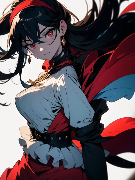 highest quality,very detailed,masterpiece,Super detailed,一人in,(Delicine eyes),(white background:1.3),red eyes,Are standing,belt skirt,[trench coin:20],jewelry, mole_Down_eye, looking for_in_viewer, with ruffles_hair band,earrings,beautiful anime