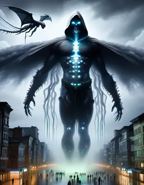 Giant Creature, (Super Giant Cloud Demon coalesced by thick fog), floating over the city,, Cloud Demons body is immense like a huge white cloud, eyes glinting with intelligence, its body is surrounded by white clouds, connecting it to the sky and the earth...