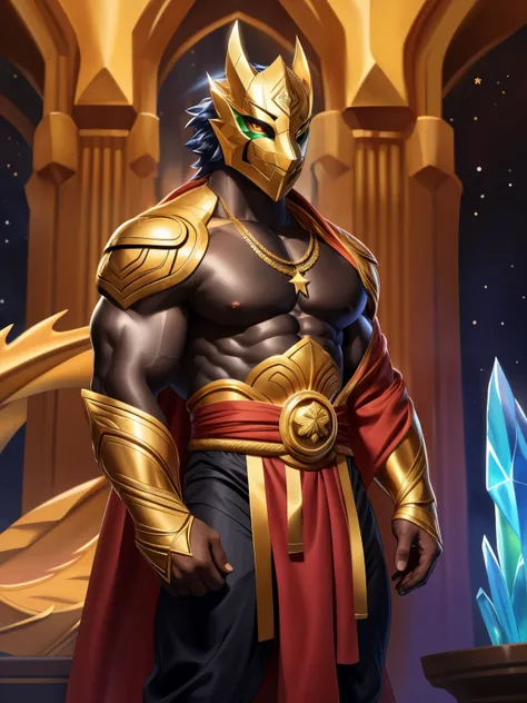 solo, male, humanoid, ((detailed cloth, stars, muscular body)), (black fur, majestic print), ((black body)), emerald mask, (gold...