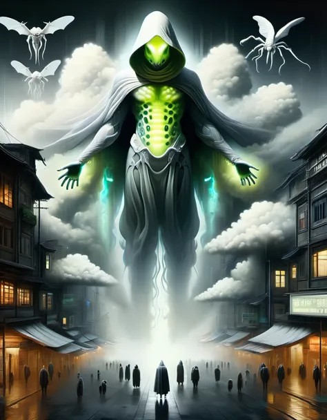 Giant creatures, floating above the city, the body of the cloud demon is huge, like a huge white cloud, with eyes flickering with wisdom. Its body is surrounded by white clouds, connecting the sky and the earth. In the hustle and bustle of the city and the...